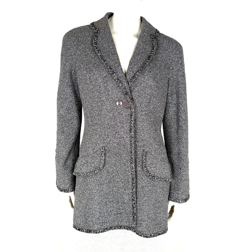 CHANEL Collared Runaway 2020 Black Gray Silver Long Tweed Coat Jacket - Picture 1 of 13